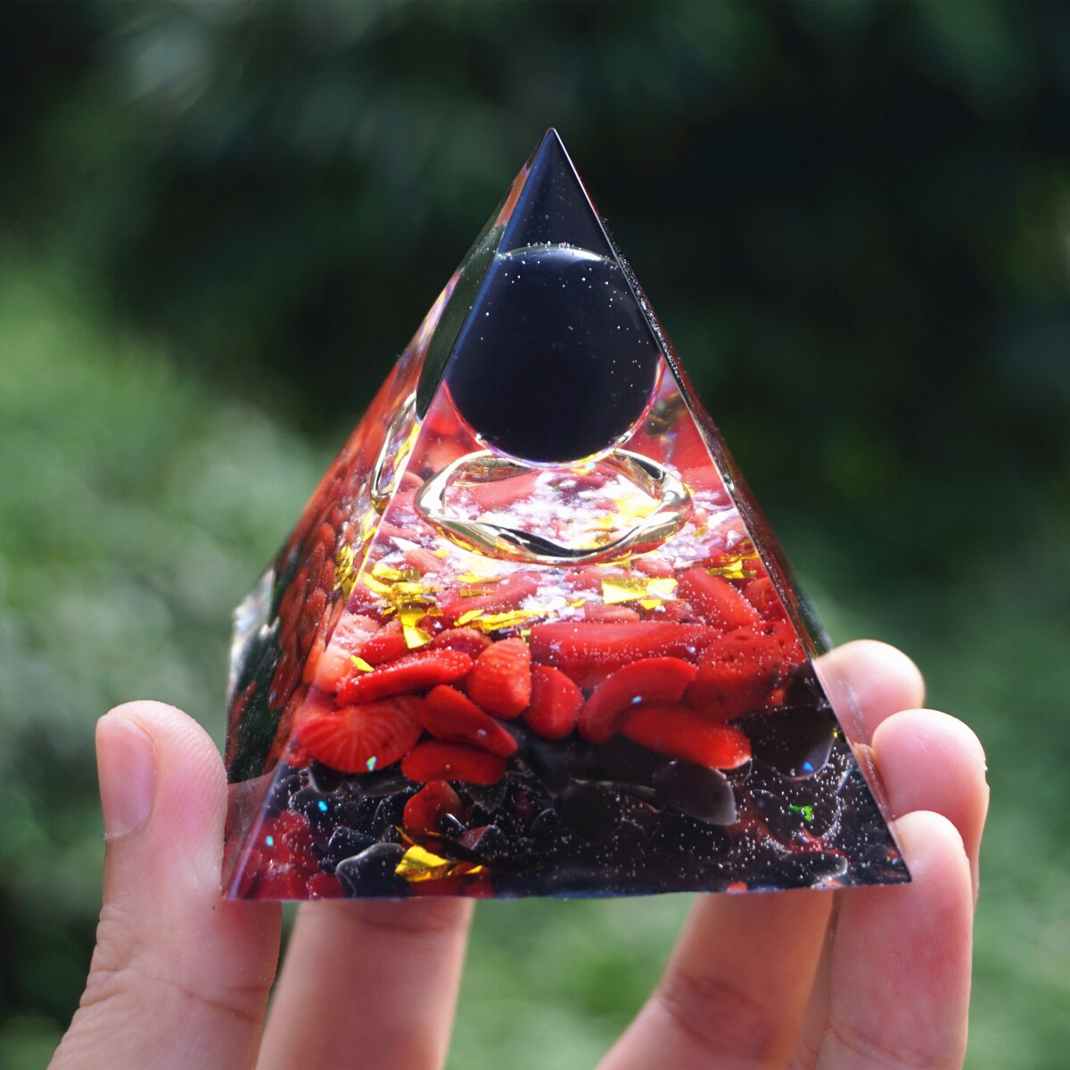 Red Coral Orgonite Pyramid with Black Obsidian Sphere (60mm)