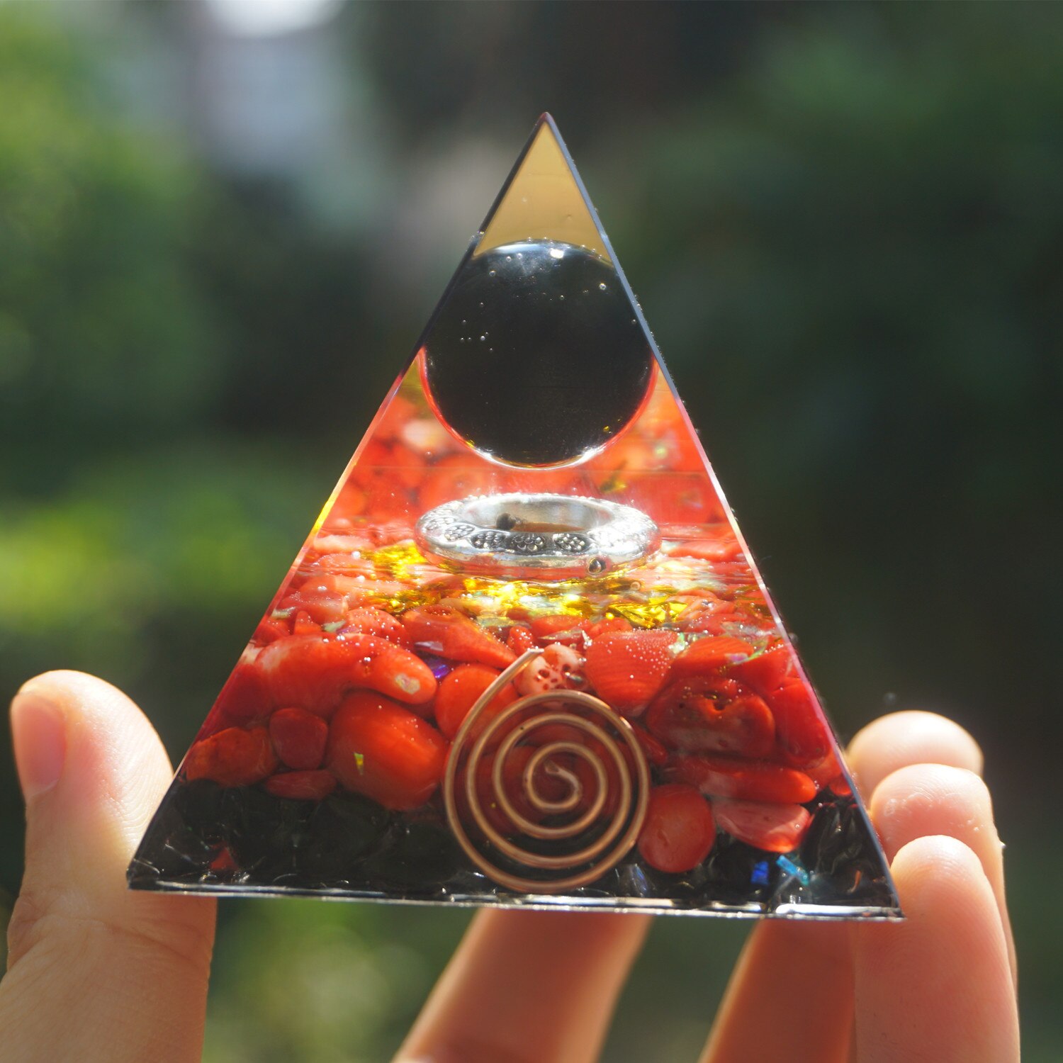 Red Coral Orgone Pyramid with Obsidian Sphere (60mm)