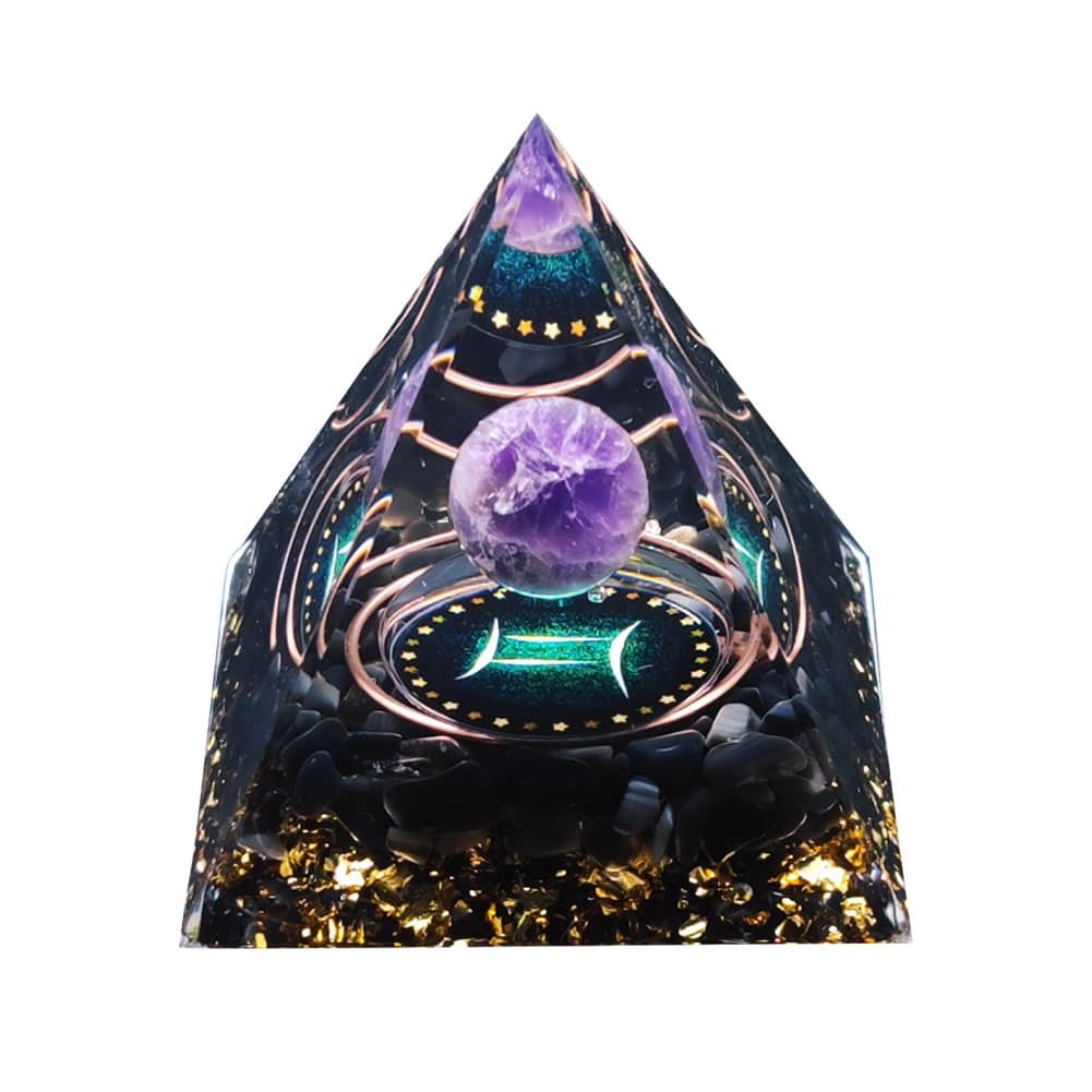 Gemini Orgonite Pyramid with black obsidian and an amethyst sphere.