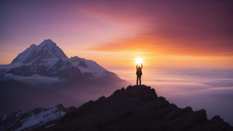 Majestic sunrise on a mountaintop with a man holding one of the best crystals for motivation.