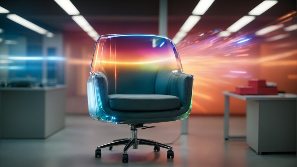 Surreal glow of crystals behind an office chair, showing crystals in the office can boost workplace productivity.