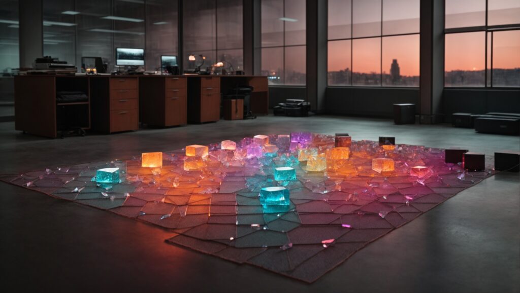 A unique, glowing crystals grid set up inside an office workspace.
