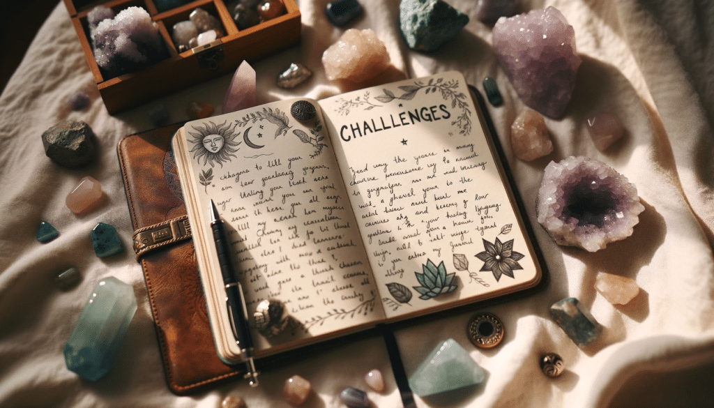 A crystal meditation journal surrounded by crystals.