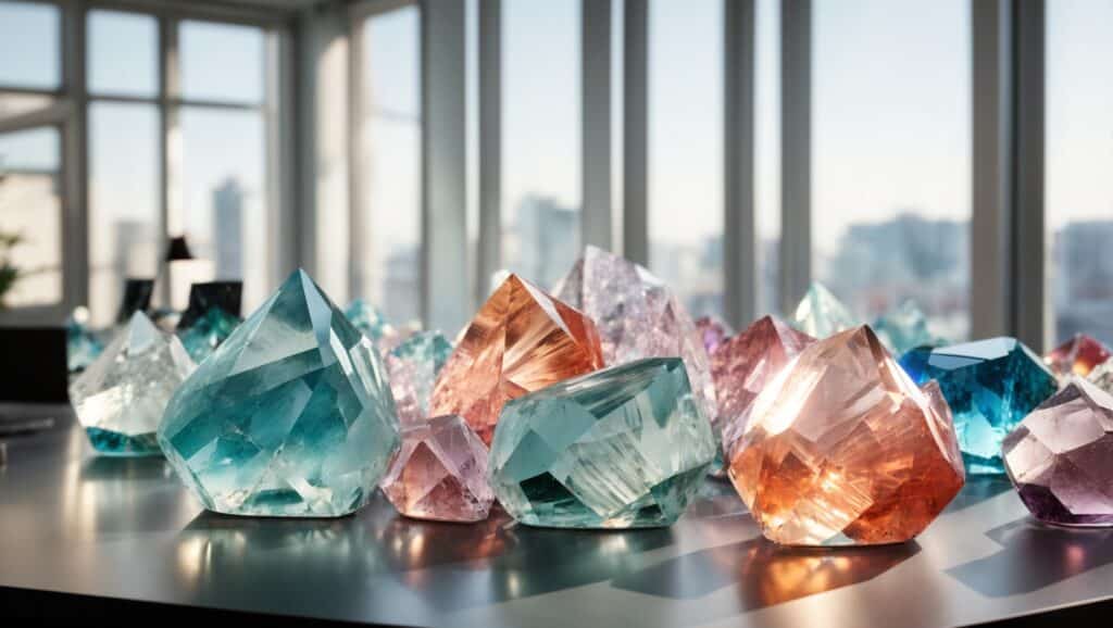 A large display of crystals for the workplace in a modern office setting.