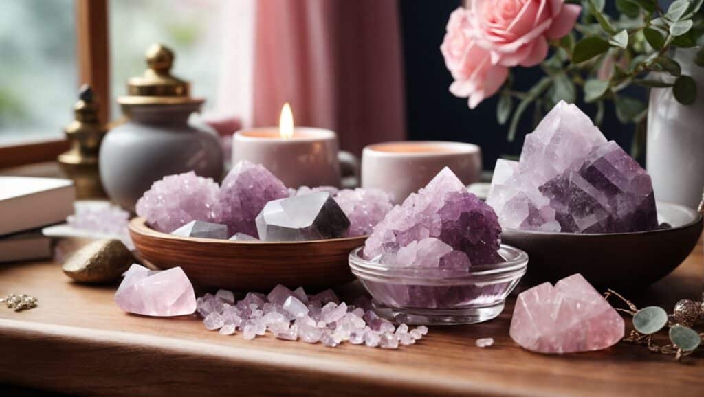 A collection of calming crystals for work stress and relaxation.