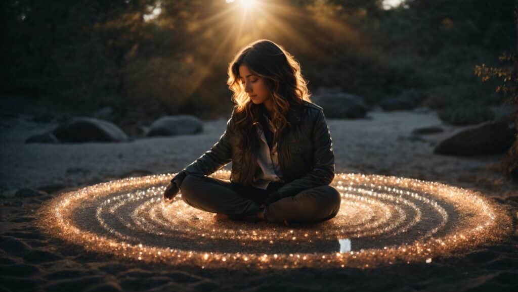 Woman sitting within a circle of crystals for decision making illumination.