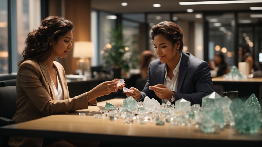 Two employees using crystals in the workplace.