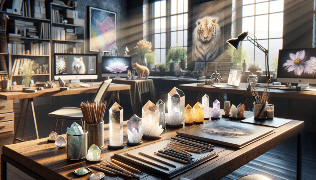 Artist's work shop decked out with crystals that make the workplace better.