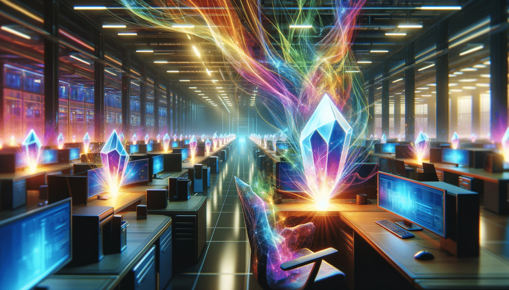 Digital art representation of energy field from crystals in a modern office space.