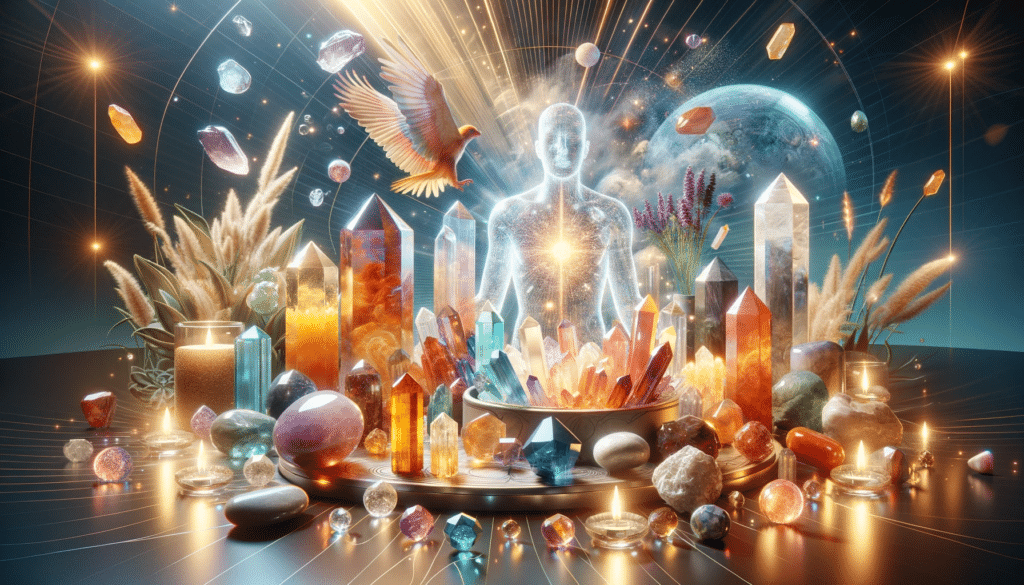 Artistic depiction of a person using crystals for motivation and energy to amplify their own energy.