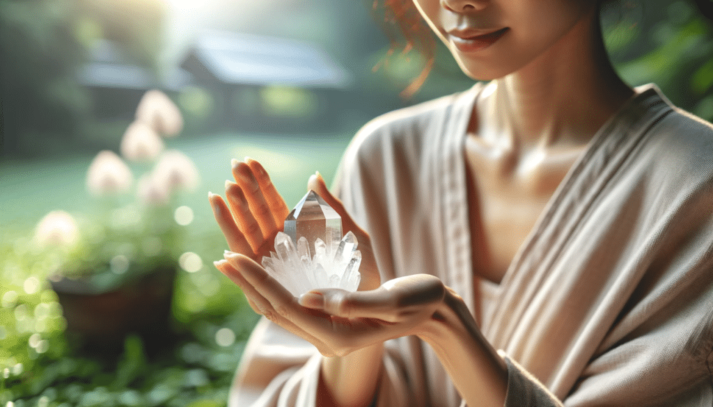 Woman meditating with crystals in her hand.