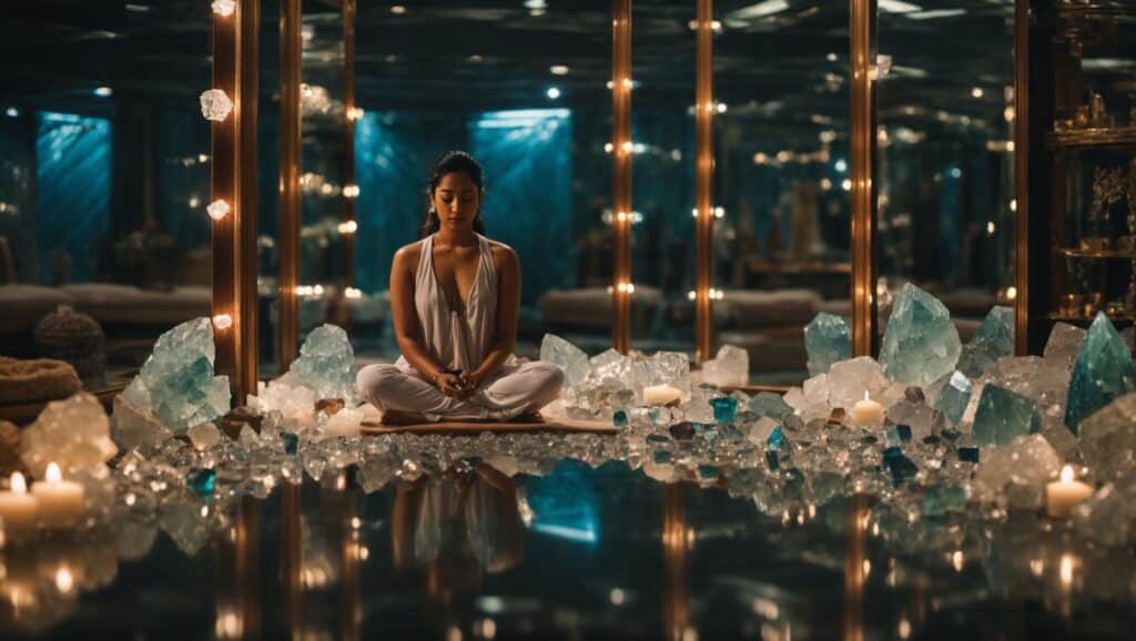 Woman meditating with crystals in front of a mirror.