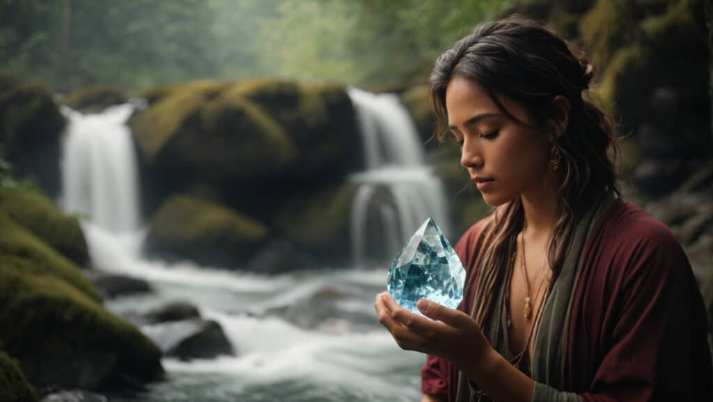 Woman meditating peacefully with a crystal near a waterfall.