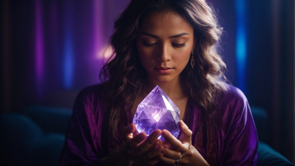 Woman finding her perfect wisdom stone to guide her toward her inner path.