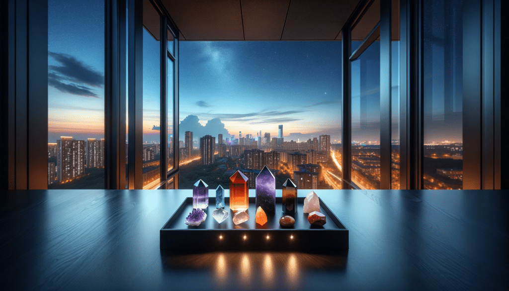 Scenic view from an urban apartment overlooking a tray of crystals for motivation and energy.