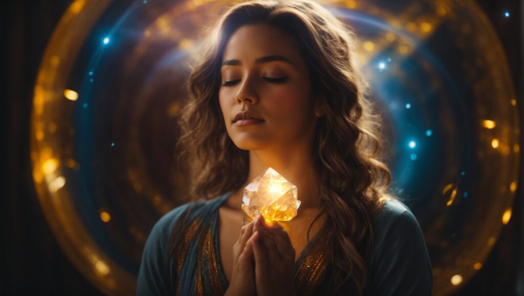 Woman meditating with a crystals for motivation and inner power.