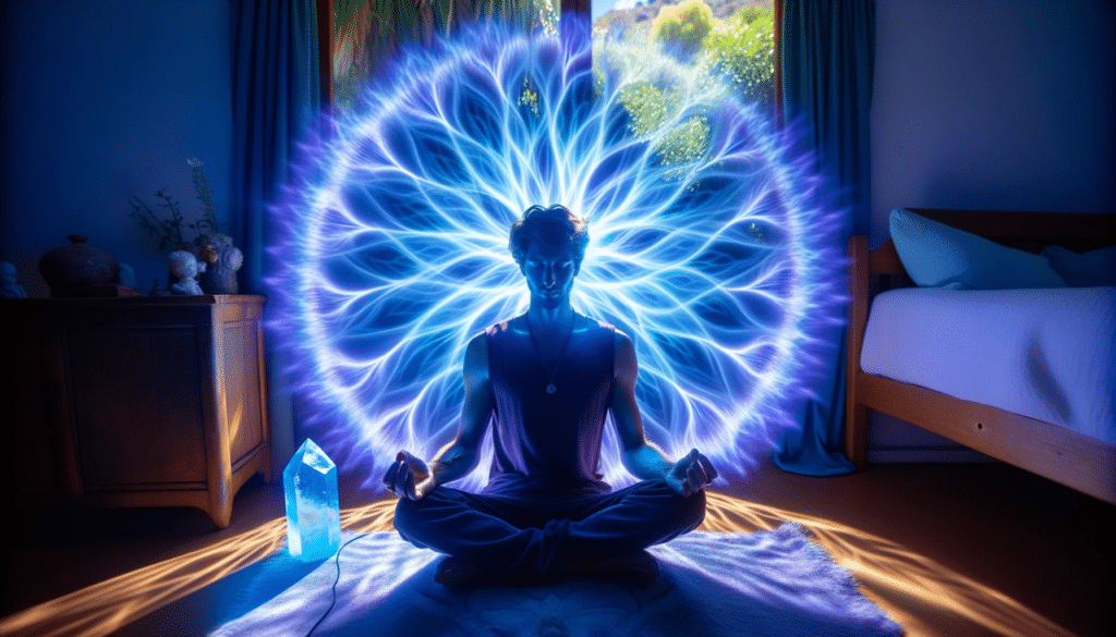 Glowing aura of a man learning to use crystals to enhance mediation and well-being.