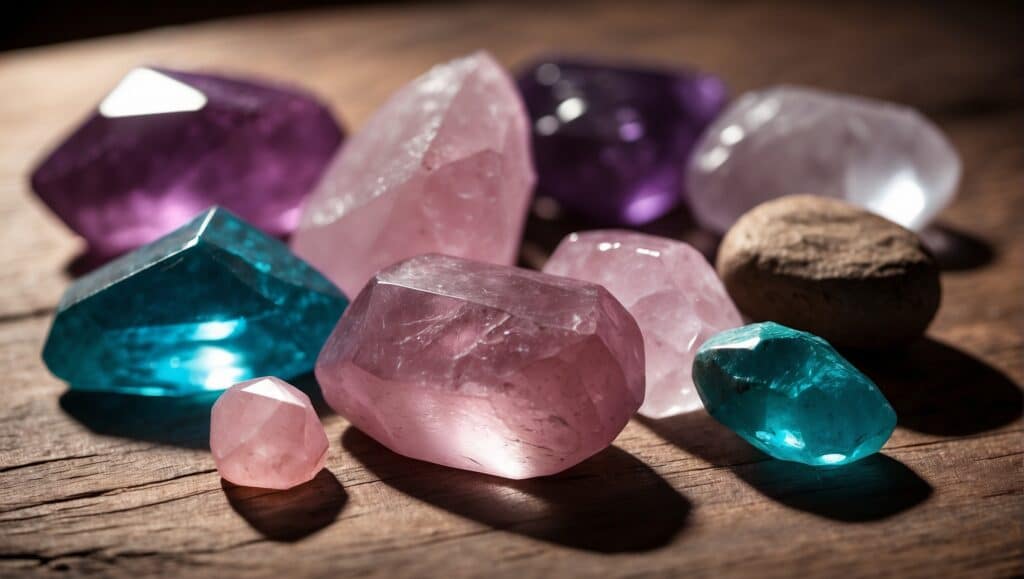 Various crystals for emotional strength and balance, such as rose quartz, aquamarine, lepidolite, and amethyst.