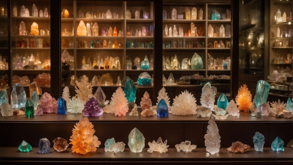 The shelves of a crystal display inside our crystal shop.