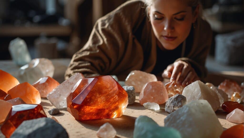 Woman embracing the start of a new project, surrounded by healing stones for new beginnings.