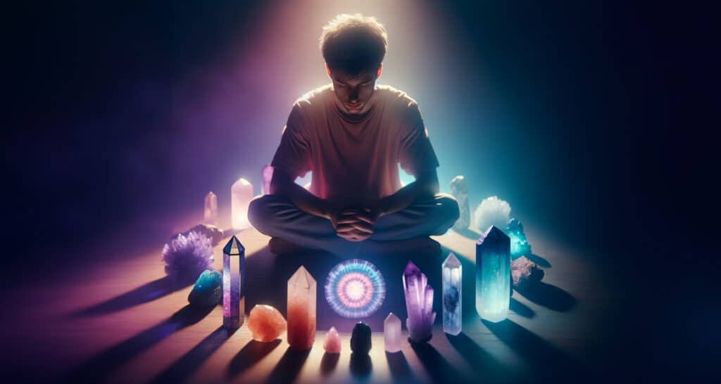 A man using a crystal meditation for emotional healing.