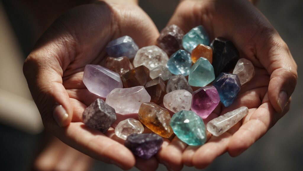 Hands holding an assortment of crystals and stones of healing.