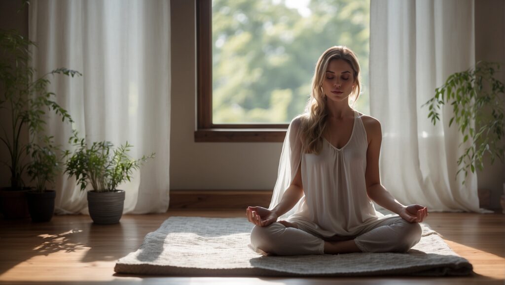 Woman meditating with crystals for fresh start to her day.