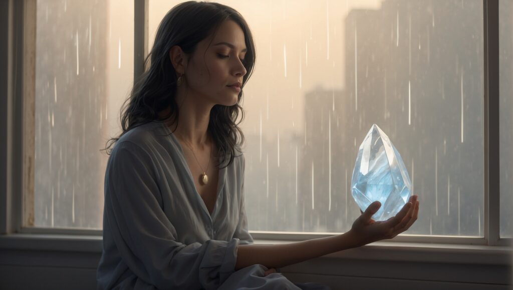 Woman contemplating over a moonstone crystal with the gloomy rain behind her.