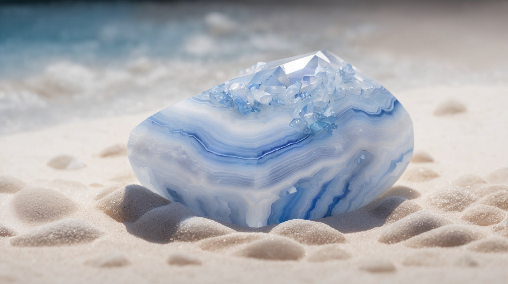 Blue lace agate properties resting in white sand