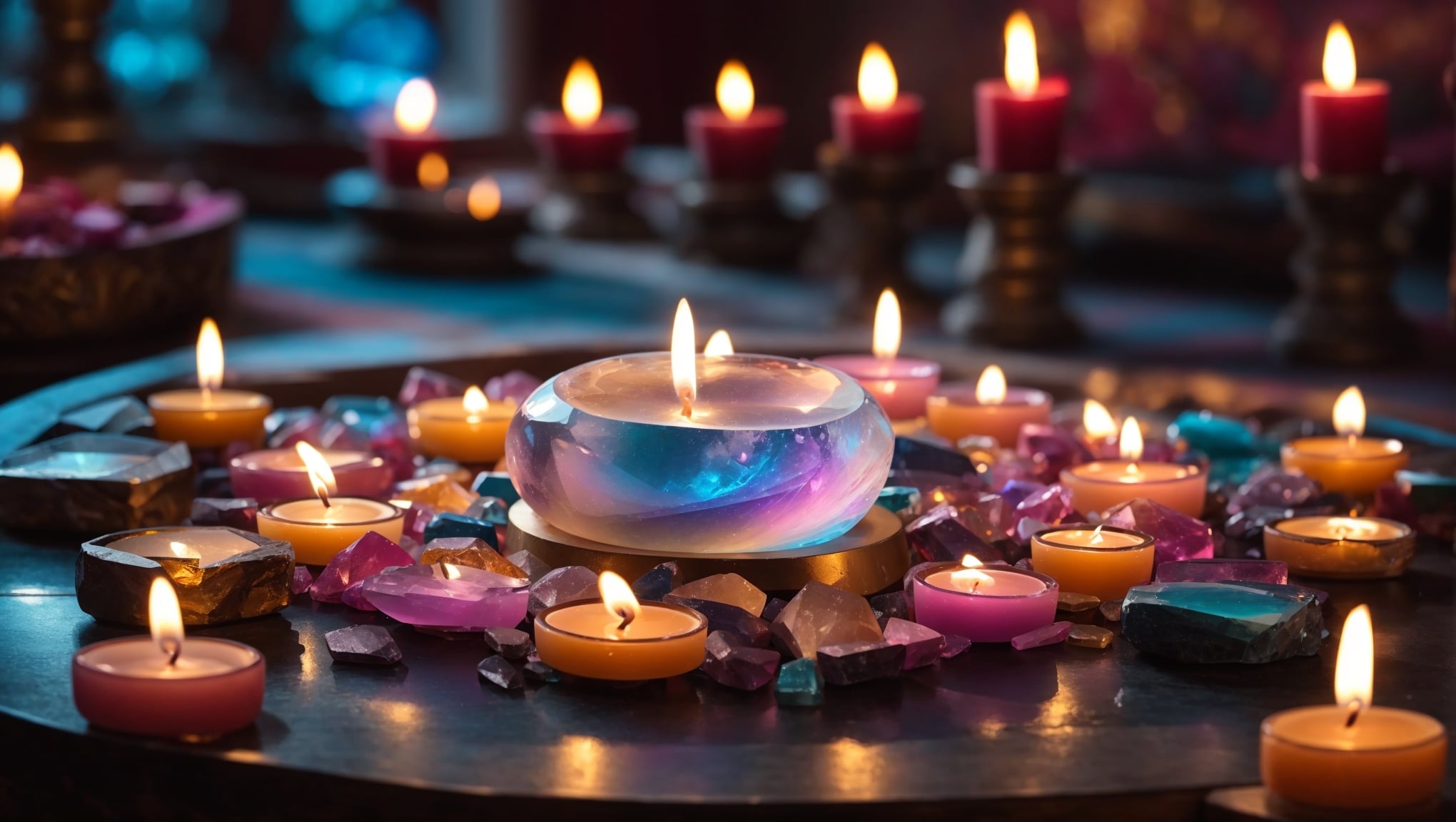 Candlelit tranquil scene showcasing powerful aura quartz healing properties.