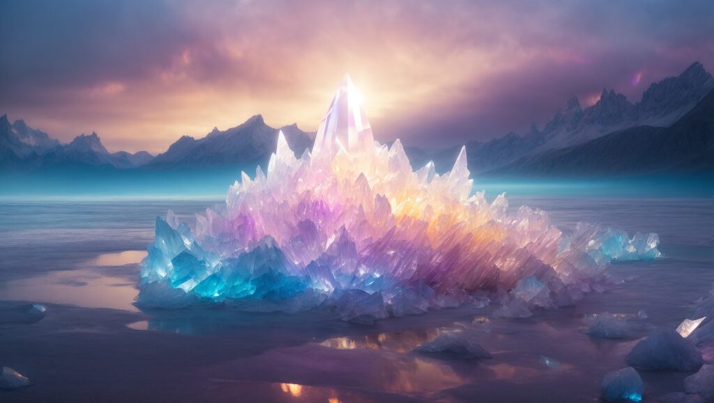 An ethereal landscape centered around a massive aura quartz.