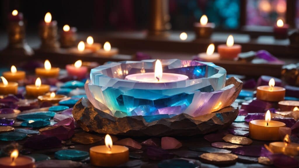 Candlelit tranquil scene showcasing powerful aura quartz healing properties.