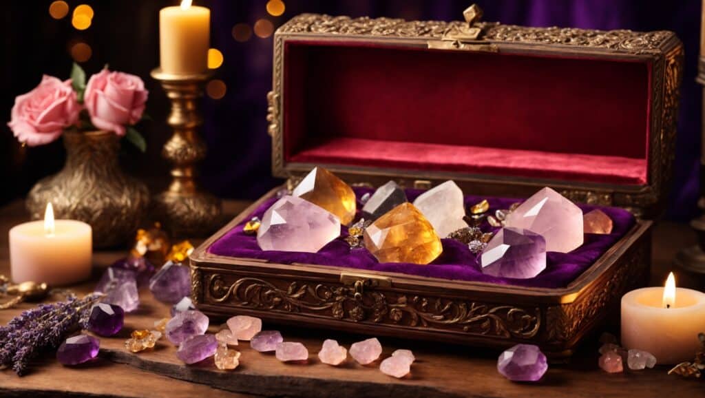 A decorative crystal box with citrine, amethyst, clear quartz, and rose quartz.
