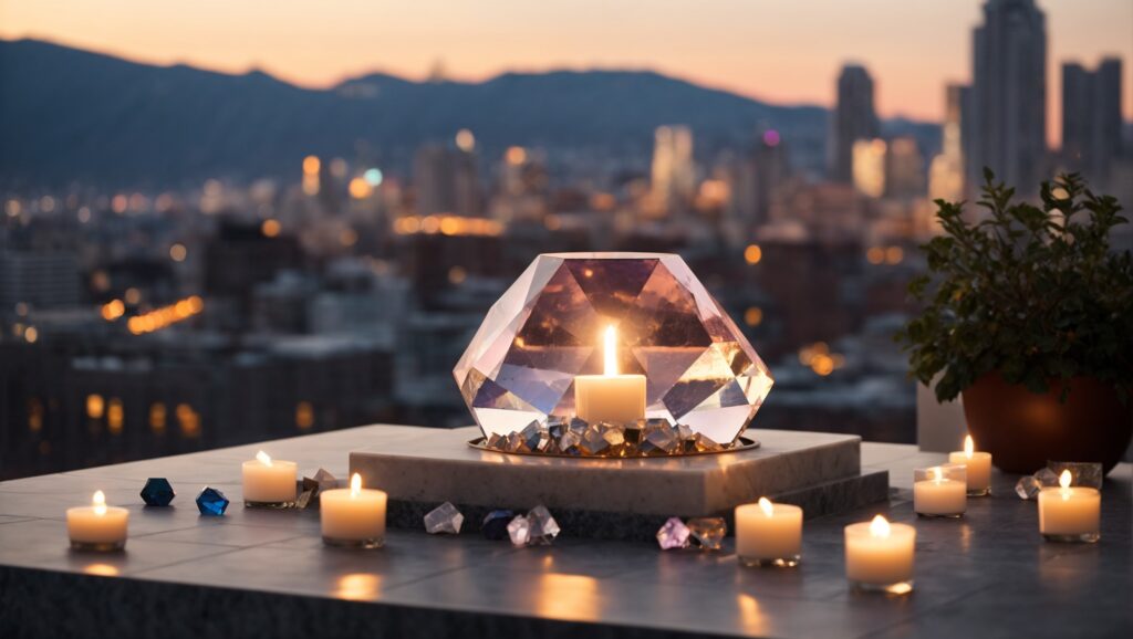 Outdoor scene with crystals and candles