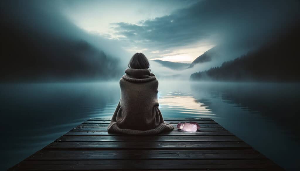 Depressed woman sitting on a dock using rose quartz to heal her emotions.