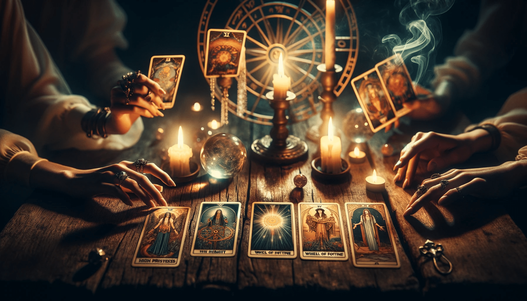 Four hands display tarot cards using advanced tarot card interpretation techniques on a mystical table with candles, crystal balls, and incense.