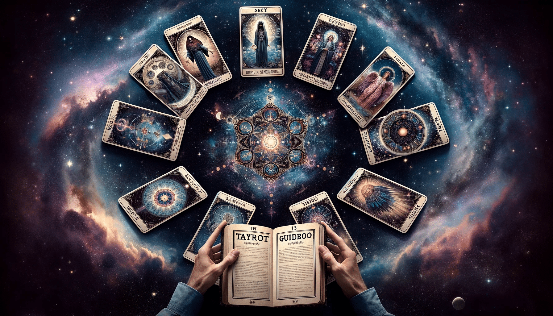 Eight tarot cards with unique designs are circled around hands holding the best tarot card interpretation guide, set against a star-filled mystical backdrop.