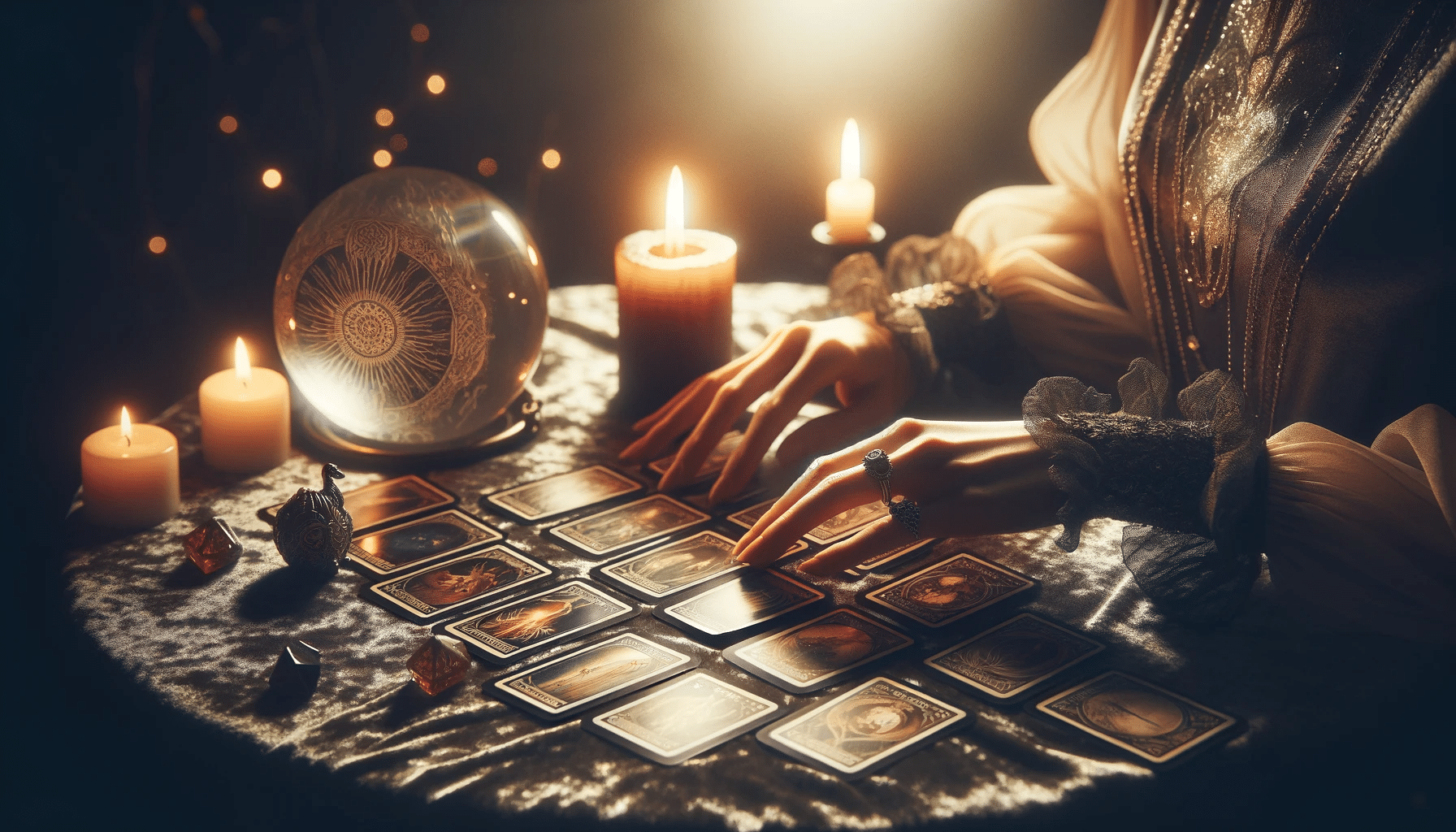 Hands arrange tarot cards on a velvet cloth for how to read tarot cards, with a candle and crystal ball under soft light.