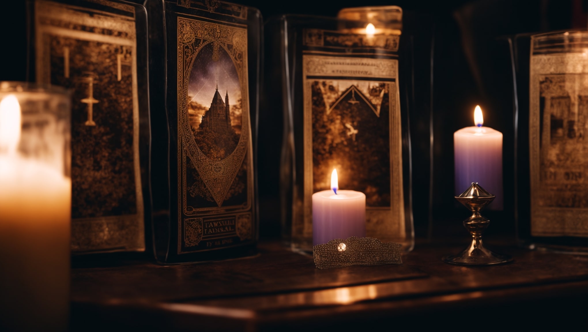 Five upside-down tarot cards with a crystal ball and candles in the background, symbolizing the interpretation of tarot card reversals.