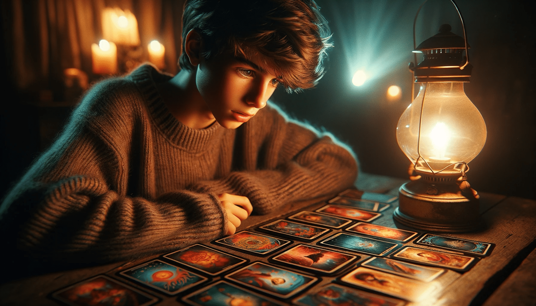 A young person learns interpreting tarot cards for beginners by examining colorful cards under a cozy lamp.