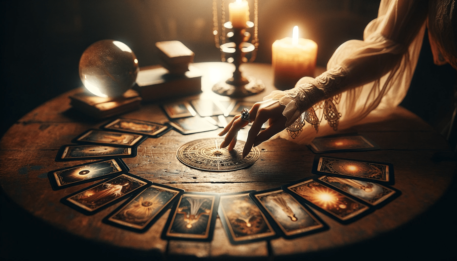 A hand lays out tarot cards on a wooden table for interpreting tarot cards for self-discovery, with a glowing candle and crystal ball behind.