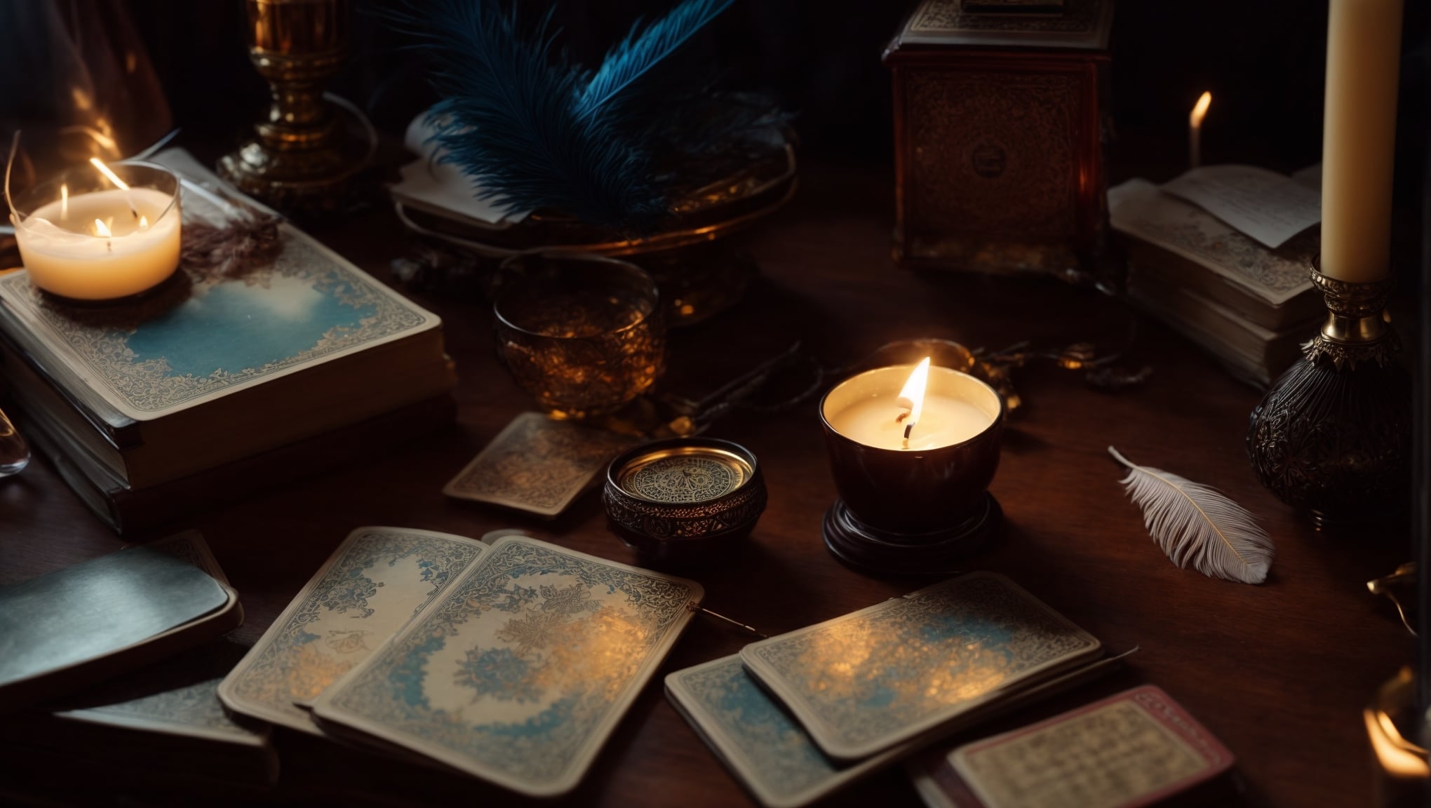 An old-fashioned desk filled with tarot cards, a lit candle, crystal ball, and books to learn tarot card symbol interpretation, alongside a feather quill and inkwell under a gentle, mysterious glow.