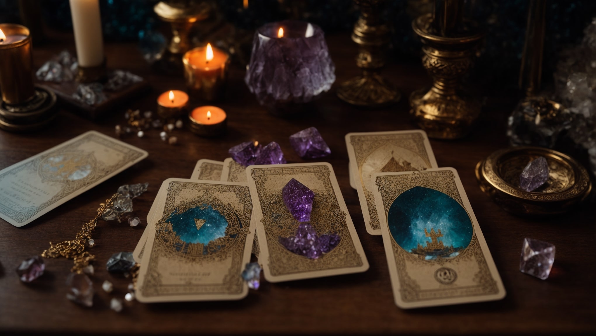 Six Tarot cards from the Minor Arcana on an old table with crystals, candles, incense, and a star map, for a minor arcana tarot interpretation guide.