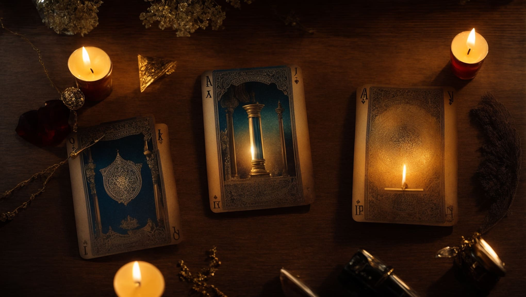 Alt text: Four tarot cards showing studying, understanding, interpreting, and applying from a practical guide to tarot interpretation on an old table with candlelight and crystals.