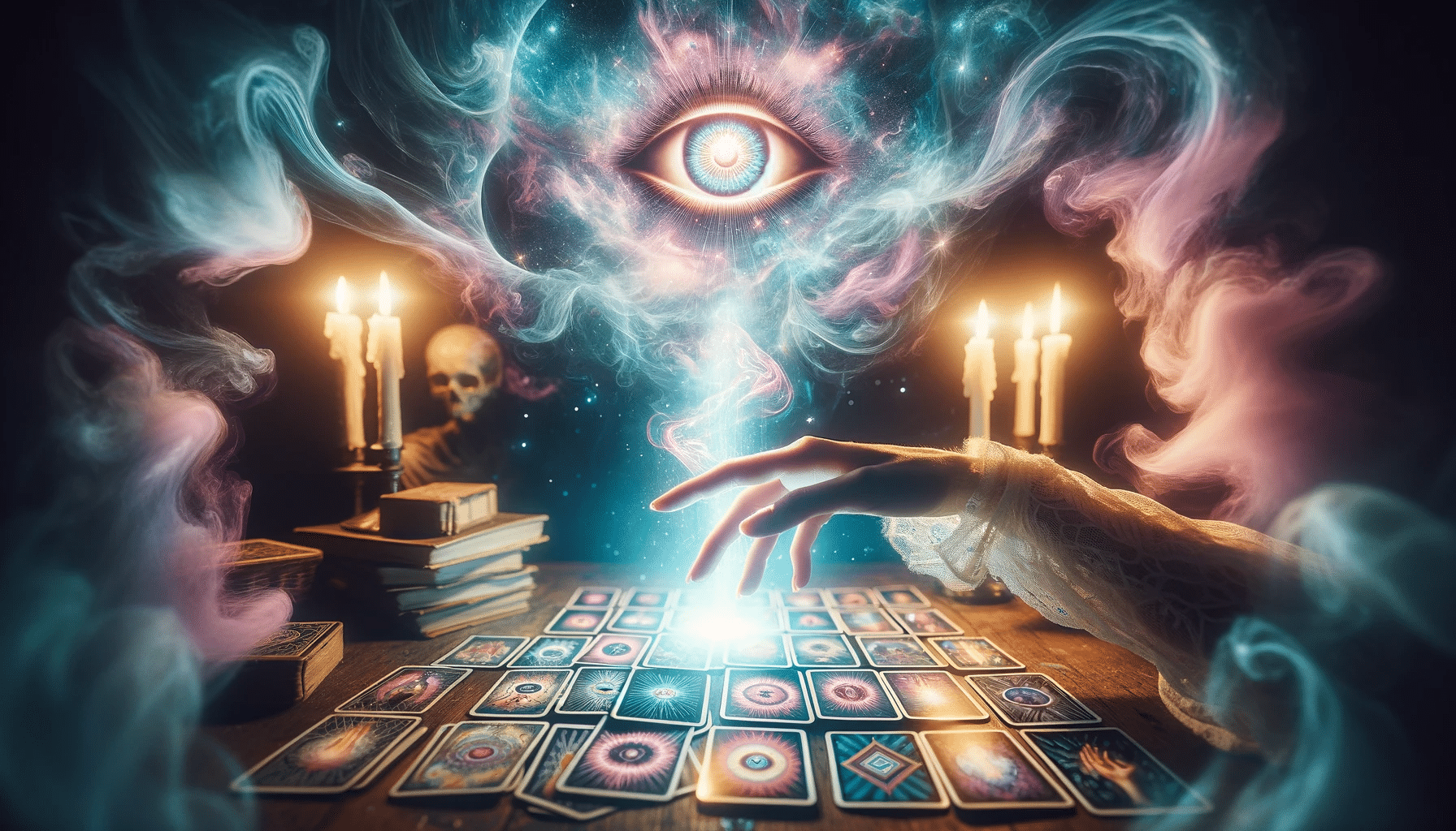 A mystical hand reaches over tarot cards for a psychic interpretation of tarot cards, with a shining third eye and pastel aura.