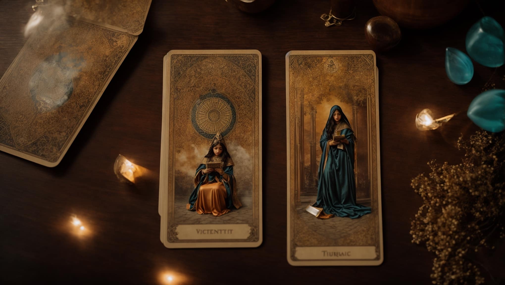 Seven tarot card combination interpretations displayed on an antique table, illuminated by soft mystical light.