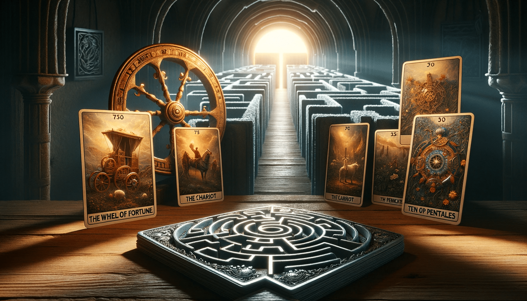 A tarot card interpretation for career showing cards like the Wheel of Fortune, The Chariot, and Ten of Pentacles at a labyrinth's start with lit paths.