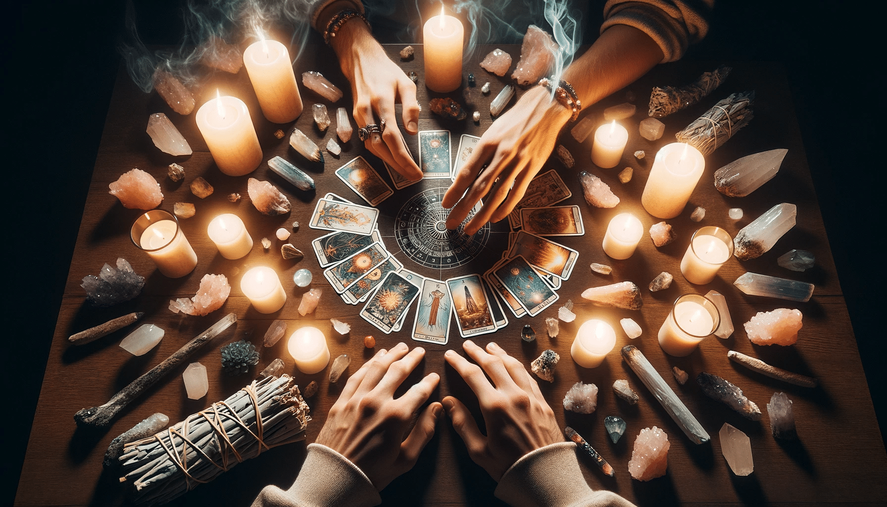 Hands arrange tarot cards in a circle for tarot card interpretation for healing, surrounded by crystals, candles, and sage smoke.