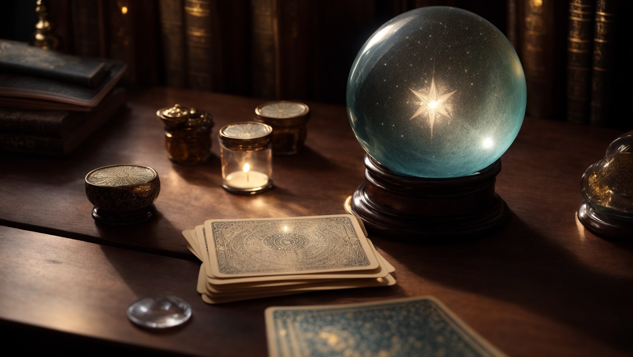 A mystical room lit by stars with an old desk, a glowing crystal ball, tarot cards for personal insight spread out, and a hand with a mystical aura hovering over them.