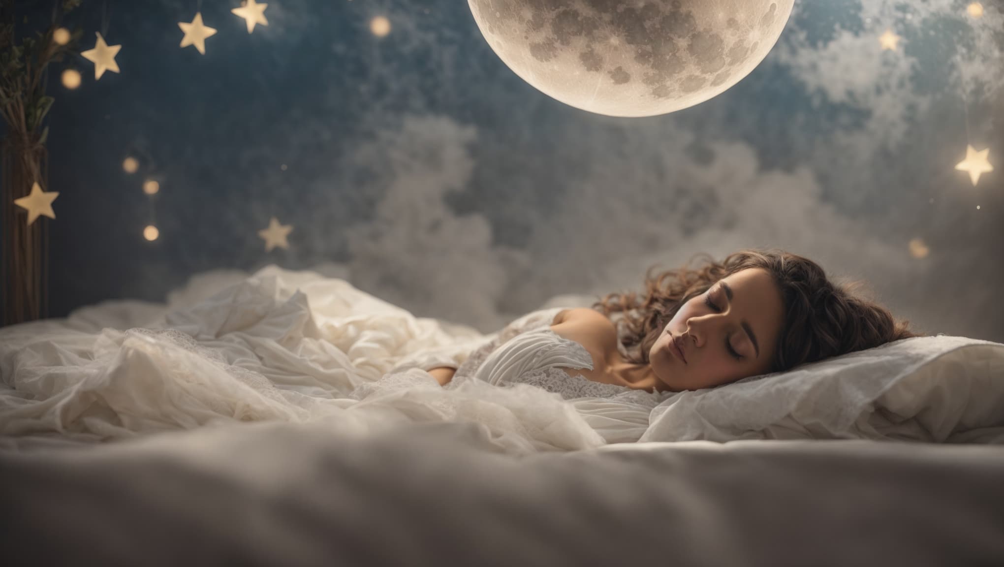 A person sleeps with a dream cloud above showing tarot cards The Moon, The High Priestess, and The Star for tarot card interpretation in dreams, all in gentle lighting.
